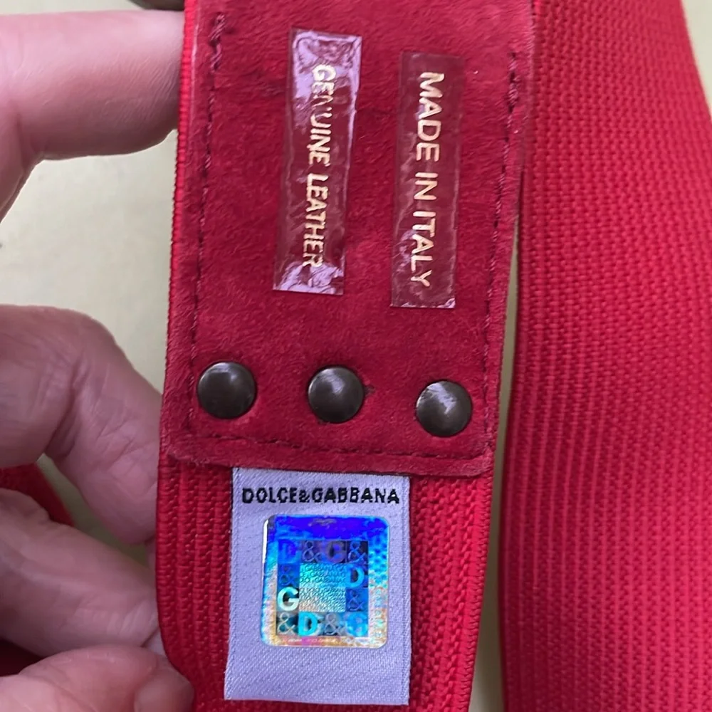 Vintage bright red Dolce & Gabbana stretchy wide belt with large unique buckle
